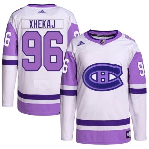 Florian Xhekaj Youth Adidas Montreal Canadiens Authentic White/Purple Hockey Fights Cancer Primegreen Jersey